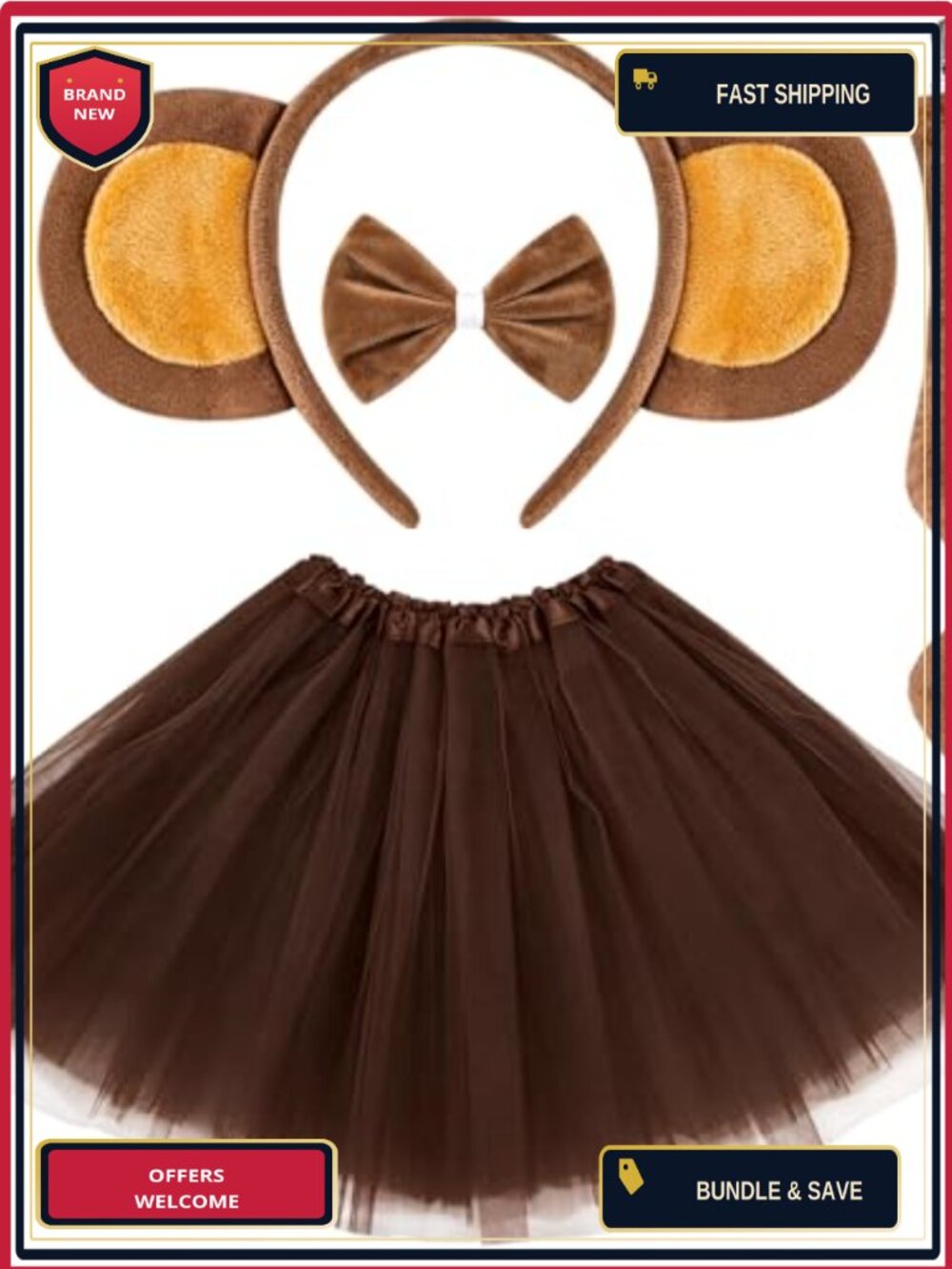 Monkey Costume Set Plush Dress Headband Bow Tie Tail Tutu Halloween Cosplay